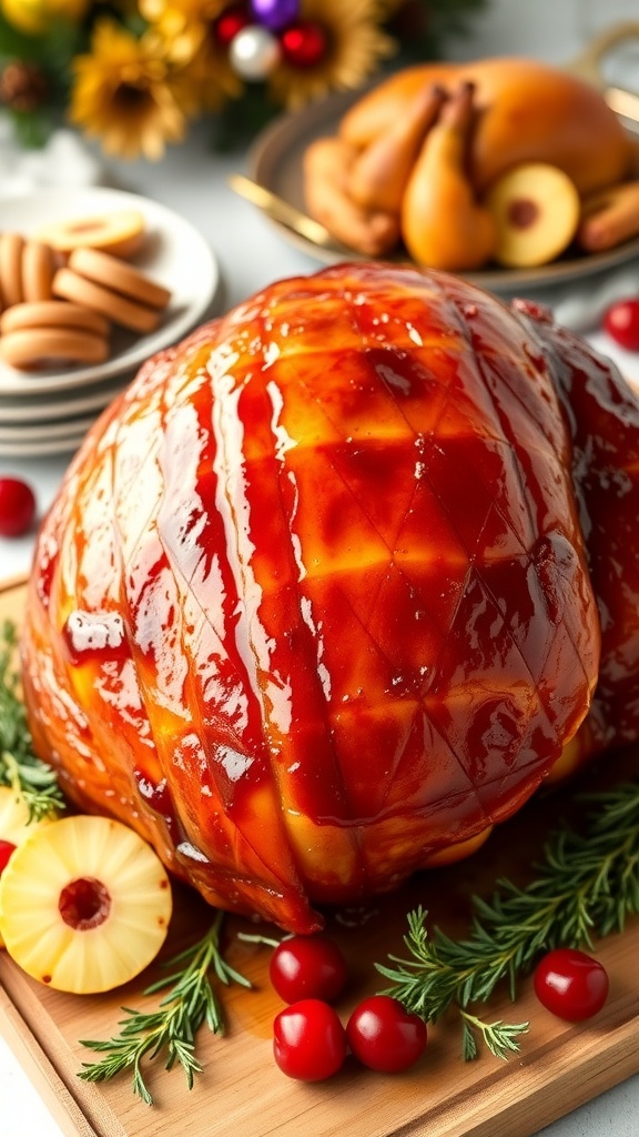 Oven-Roasted 9-Pound Ham Recipe A glazed 9-pound ham on a cutting board, garnished with herbs and fruits, ready to be served.